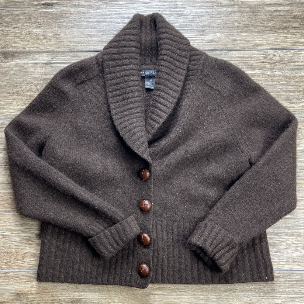 Elena Solano 100% Cashmere Beige Cropped Sweater Big Buttoned Cardigan Size XL
